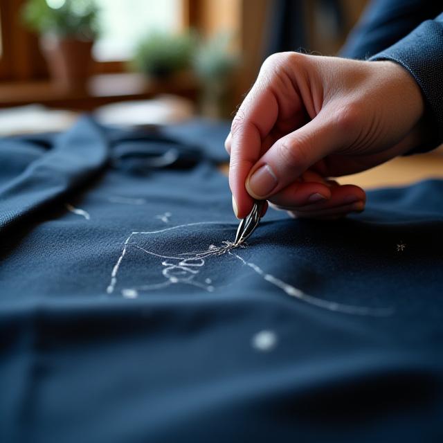 千代田区靖国通りのテーラーでの職人による手縫い風景